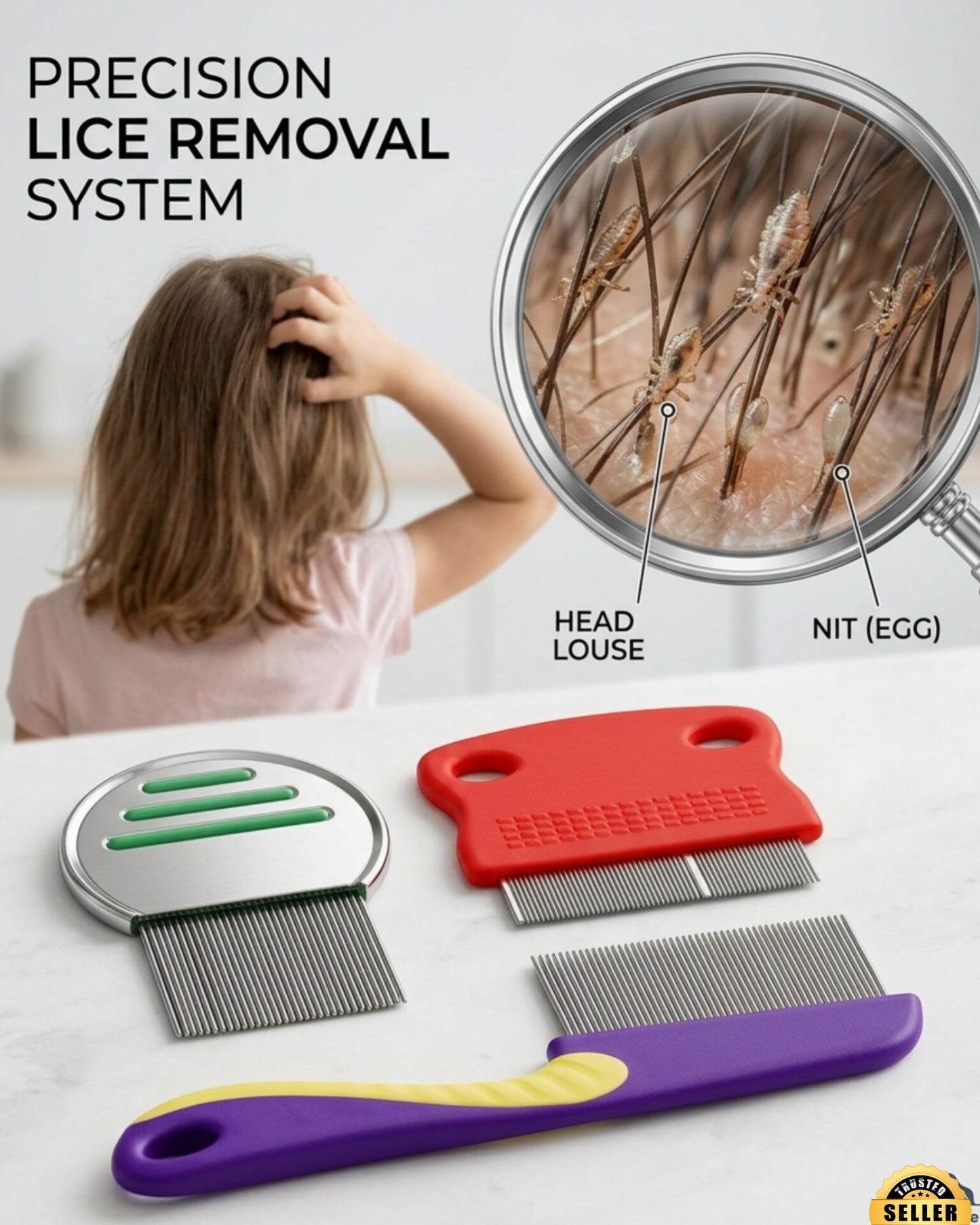 3 in 1 Stainless Steel Lice Comb Set for Women & Kids | Nit Removal Pack
