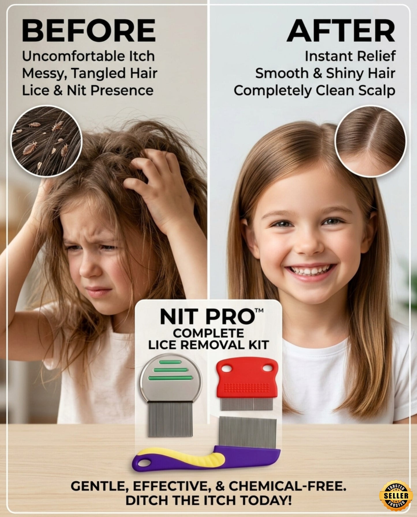 3 in 1 Stainless Steel Lice Comb Set for Women & Kids | Nit Removal Pack