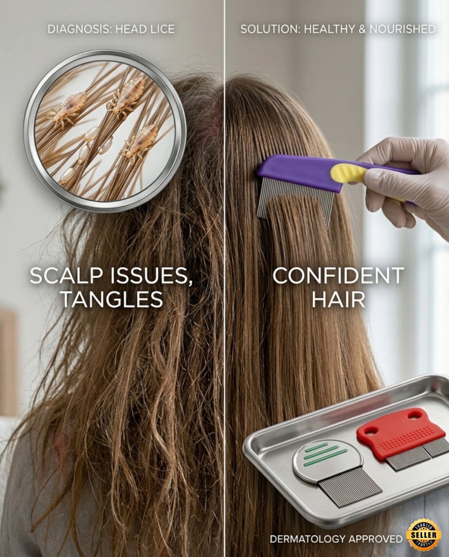 3 in 1 Stainless Steel Lice Comb Set for Women & Kids | Nit Removal Pack